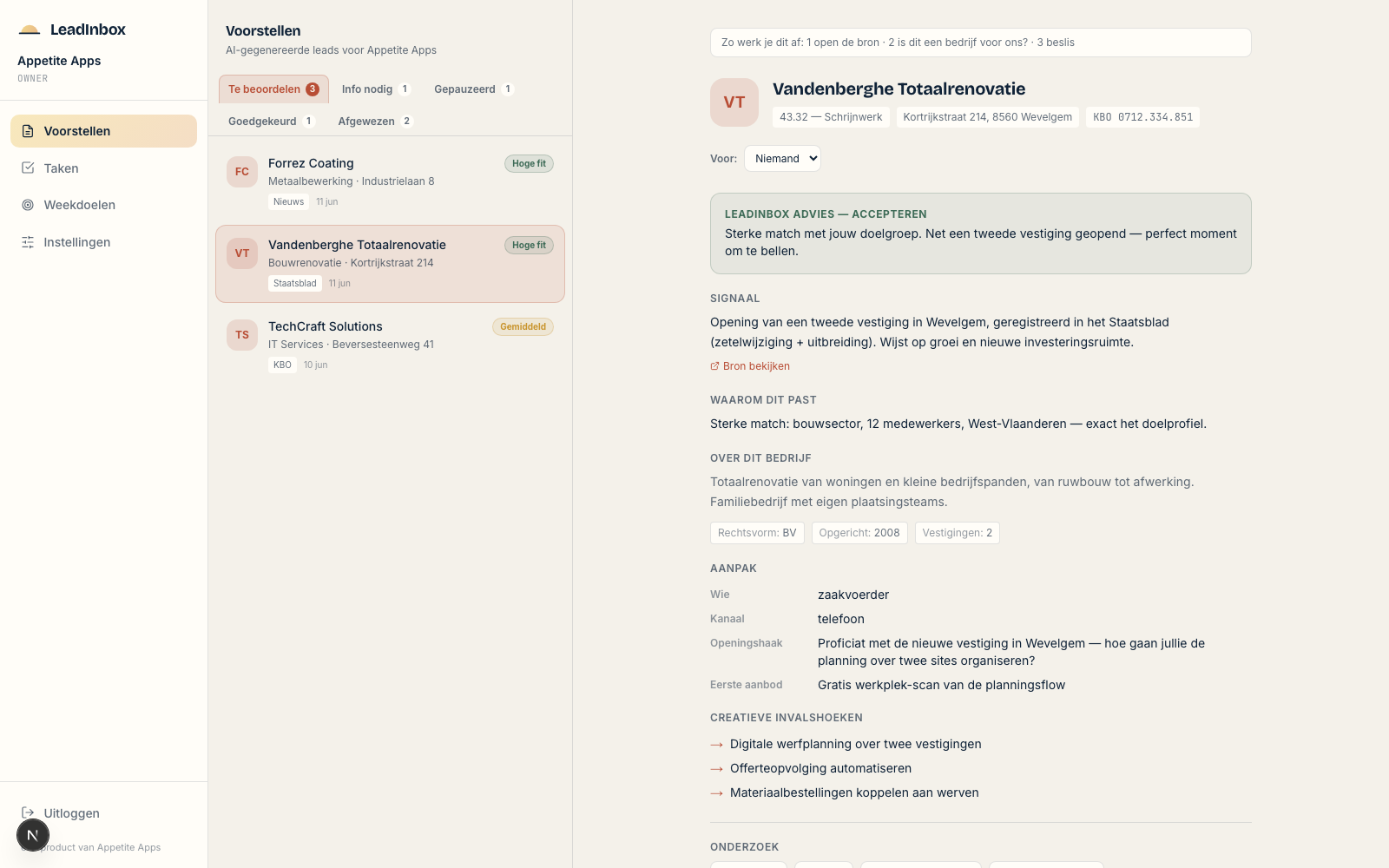 LeadInbox: de triage-inbox met een nieuw voorstel, fit-score en concreet advies