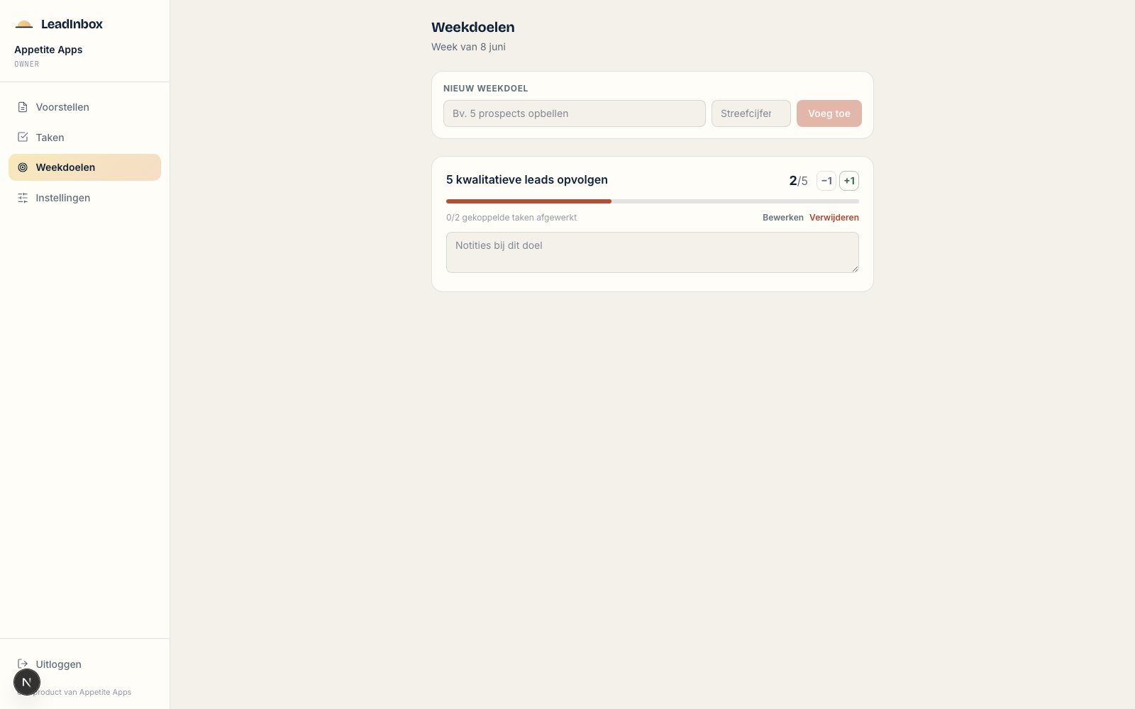 Weekdoelen met voortgangsbalk en gekoppelde taken